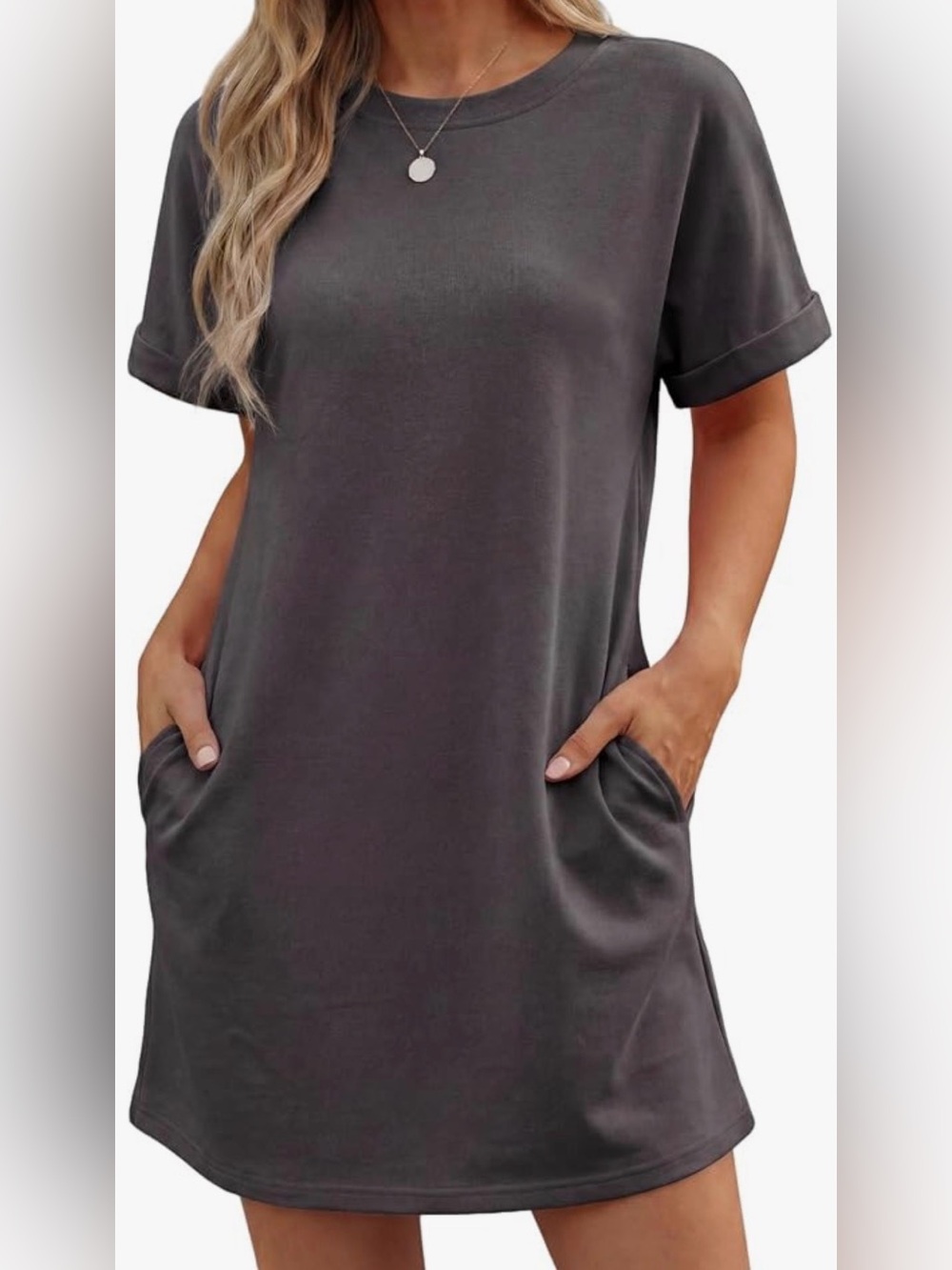 Everyday Short Sleeve Pocket Tunic Dress - Charcoal